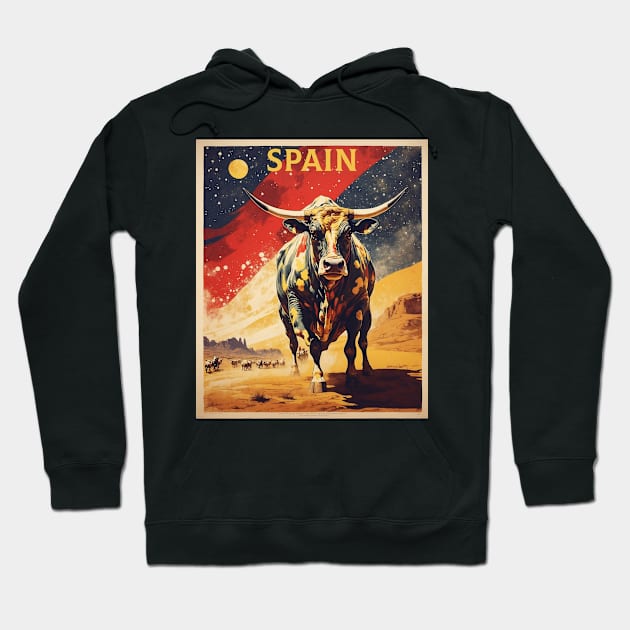 Running of the Bulls Spain Flag Travel Tourism Retro Vintage Hoodie by TravelersGems